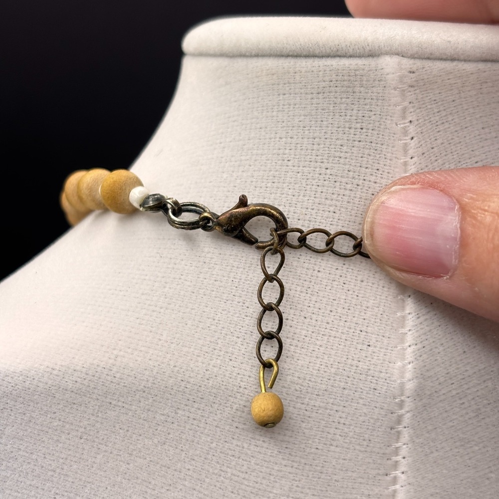 Vintage Yellow Agate Style Pendant Necklace Wood Bead Shell Chip Boho Statement - Picture 12 of 13